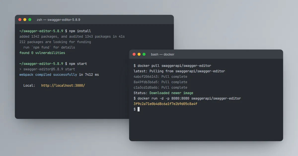 Terminal windows running npm install, npm start and docker run to launch Swagger Editor locally