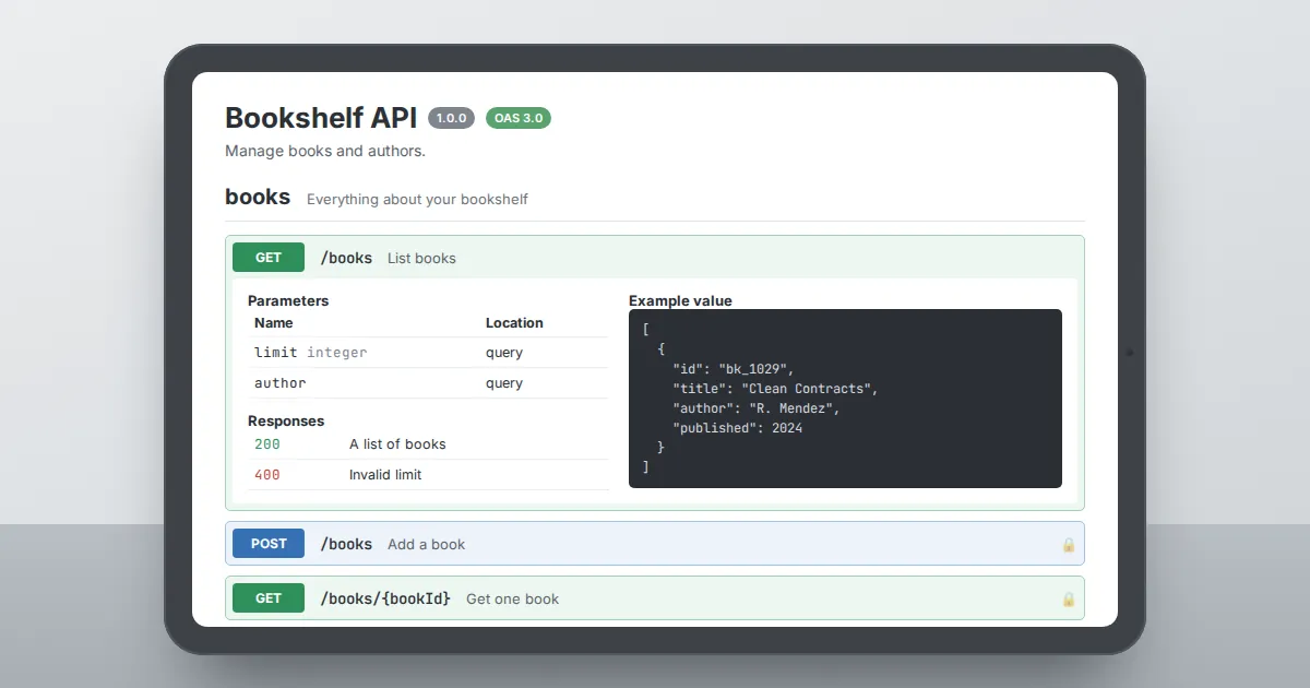 Tablet showing interactive OpenAPI documentation for a Bookshelf API with an expanded GET /books operation